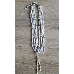 VINTAGE WHITE 4 STRAND Plastic Bead Necklace Clasp Signed Hong Kong